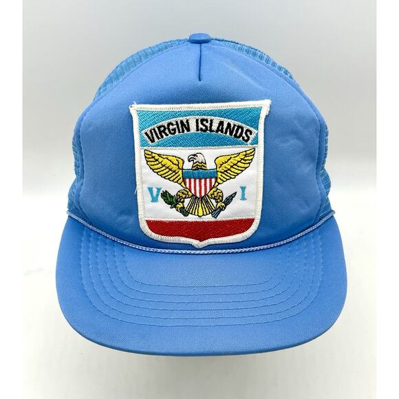 Vintage Virgin Islands Patch Mesh Back Hat Cap Blue Snapback W/ Rope - Picture 3 of 9